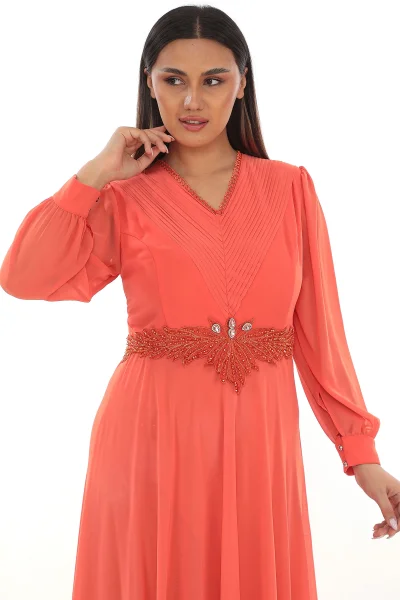 Plise Ve Boncuk Detaylı Büyük Beden Elbise 2213- Turuncu