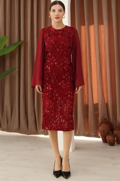 Pulpayet ve Şifon Kollu Kadife Midi Elbise 6045-Bordo