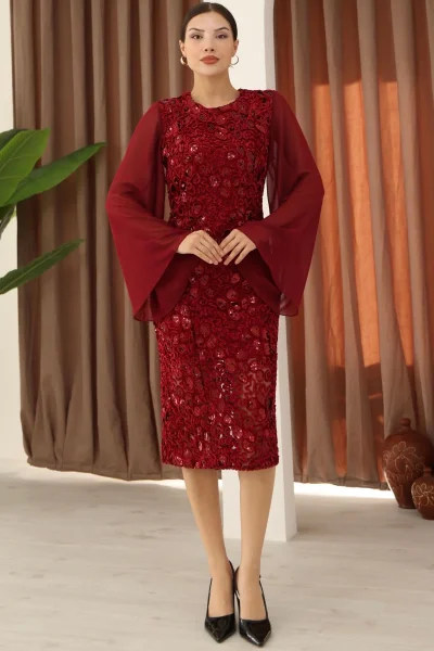 Pulpayet ve Şifon Kollu Kadife Midi Elbise 6045-Bordo