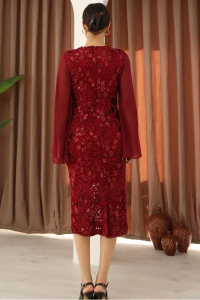 Pulpayet ve Şifon Kollu Kadife Midi Elbise 6045-Bordo