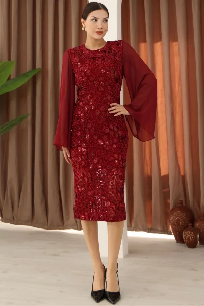 Pulpayet ve Şifon Kollu Kadife Midi Elbise 6045-Bordo