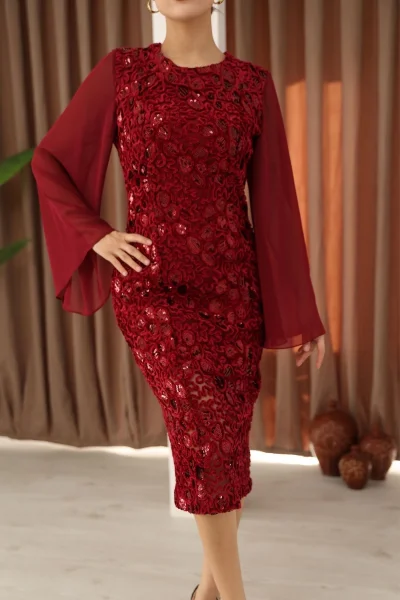 Pulpayet ve Şifon Kollu Kadife Midi Elbise 6045-Bordo