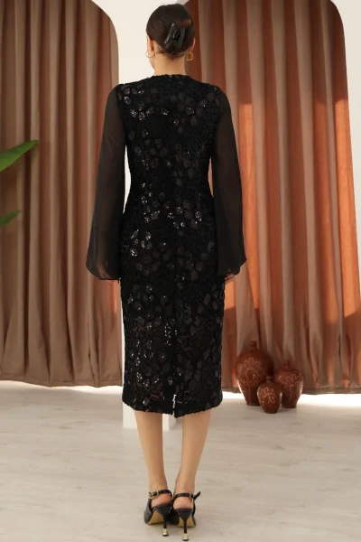 Pulpayet ve Şifon Kollu Kadife Midi Elbise 6045-Siyah