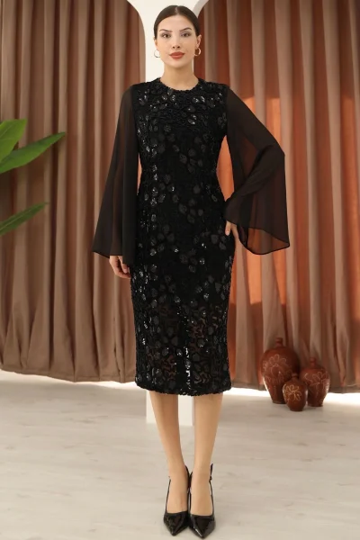 Pulpayet ve Şifon Kollu Kadife Midi Elbise 6045-Siyah