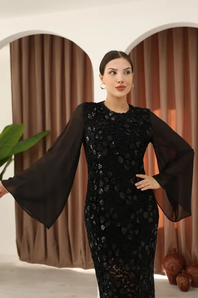 Pulpayet ve Şifon Kollu Kadife Midi Elbise 6045-Siyah