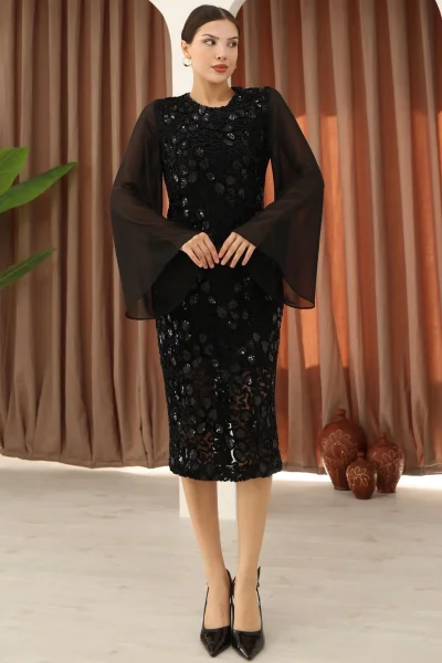 Pulpayet ve Şifon Kollu Kadife Midi Elbise 6045-Siyah