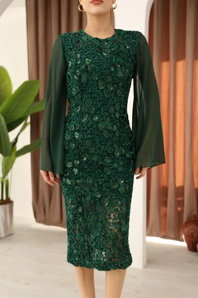 Pulpayet ve Şifon Kollu Kadife Midi Elbise 6045-Yeşil
