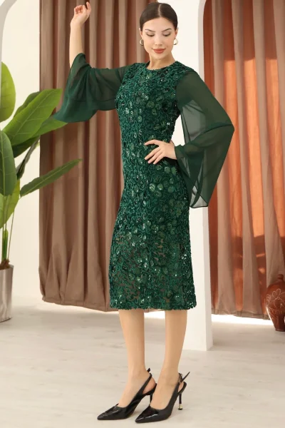 Pulpayet ve Şifon Kollu Kadife Midi Elbise 6045-Yeşil