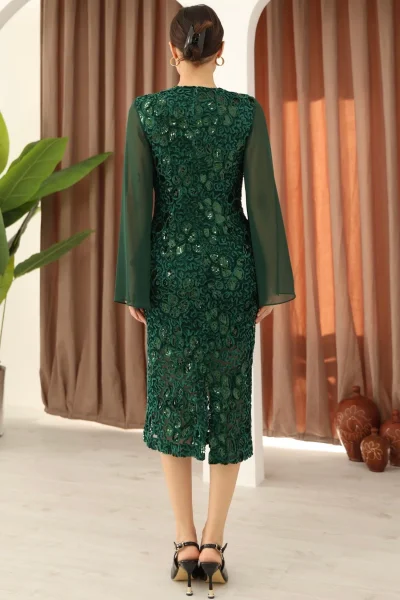 Pulpayet ve Şifon Kollu Kadife Midi Elbise 6045-Yeşil
