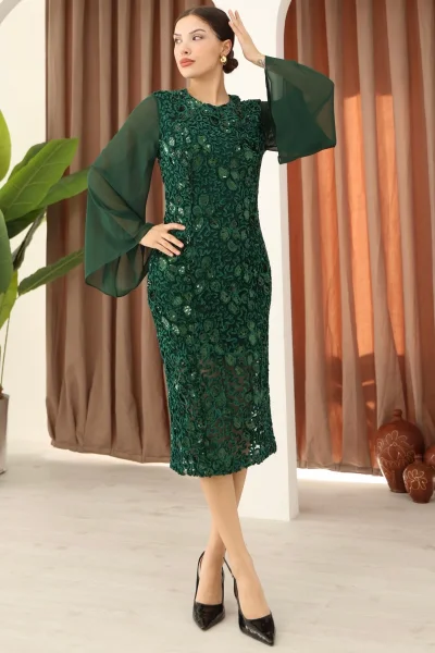 Pulpayet ve Şifon Kollu Kadife Midi Elbise 6045-Yeşil