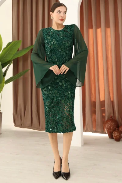 Pulpayet ve Şifon Kollu Kadife Midi Elbise 6045-Yeşil