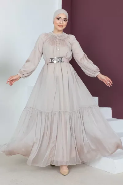Rahat Form Kemerli Tesettür Abiye Elbise 746-Bej