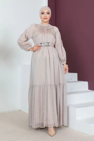 Rahat Form Kemerli Tesettür Abiye Elbise 746-Bej