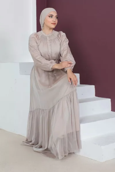 Rahat Form Kemerli Tesettür Abiye Elbise 746-Bej