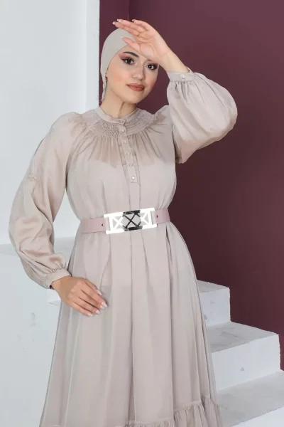 Rahat Form Kemerli Tesettür Abiye Elbise 746-Bej