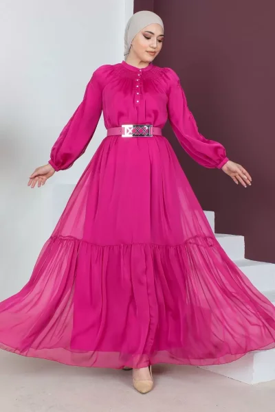 Rahat Form Kemerli Tesettür Abiye Elbise 746-Fuşya