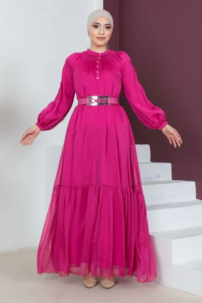 Rahat Form Kemerli Tesettür Abiye Elbise 746-Fuşya