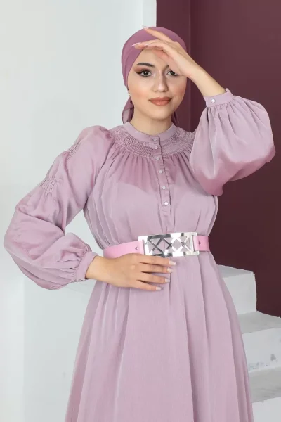 Rahat Form Kemerli Tesettür Abiye Elbise 746-Pudra