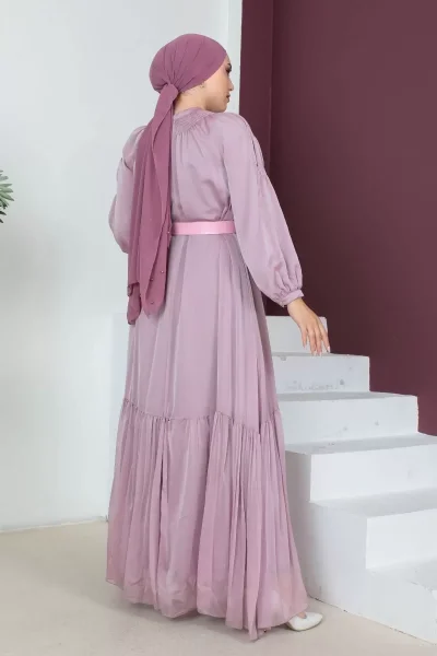 Rahat Form Kemerli Tesettür Abiye Elbise 746-Pudra