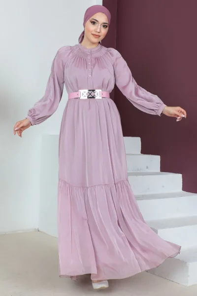 Rahat Form Kemerli Tesettür Abiye Elbise 746-Pudra