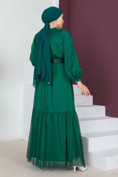 Rahat Form Kemerli Tesettür Abiye Elbise 746-Zümrüt Yeşili