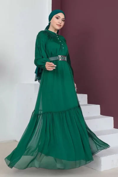 Rahat Form Kemerli Tesettür Abiye Elbise 746-Zümrüt Yeşili