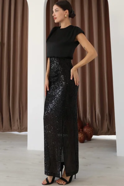 Saten Kombinli Payetli Kalem Elbise 6044-Siyah