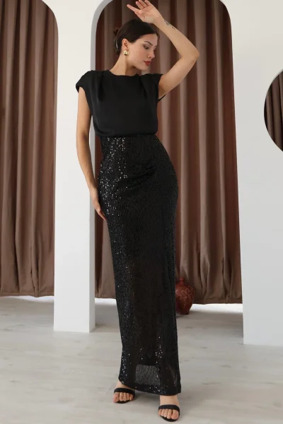 Saten Kombinli Payetli Kalem Elbise 6044-Siyah