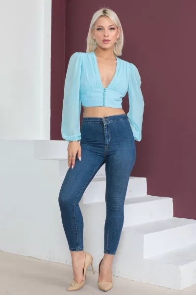 Şifon Crop Bluz 1766-Açık Mint