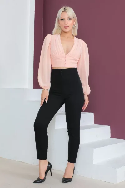 Şifon Crop Bluz 1766-Somon