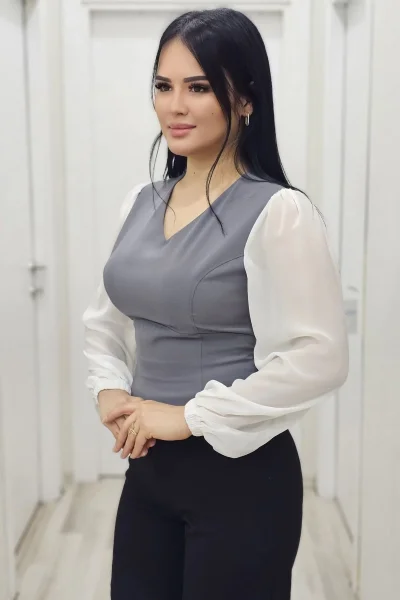 Şık V Yaka Crop Üst 6010-Gri