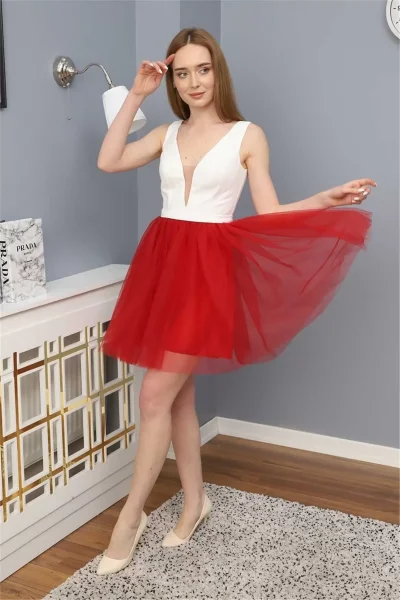 Sim Griterli Kısa Abiye Elbise 1763 Kırmızı/Beyaz