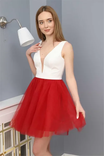 Sim Griterli Kısa Abiye Elbise 1763 Kırmızı/Beyaz