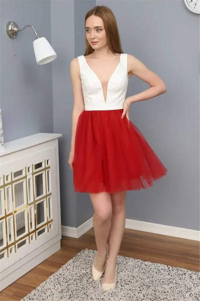 Sim Griterli Kısa Abiye Elbise 1763 Kırmızı/Beyaz