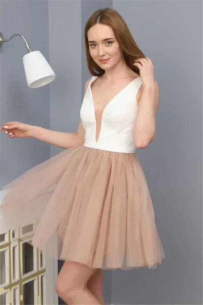 Sim Griterli Kısa Abiye Elbise 1763 Pudra/Beyaz