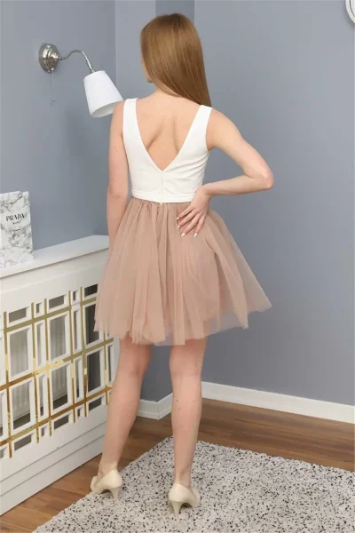 Sim Griterli Kısa Abiye Elbise 1763 Pudra/Beyaz