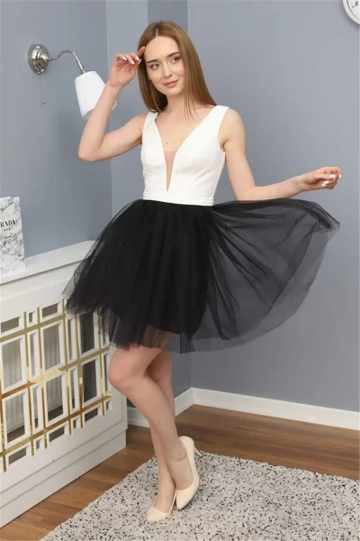 Sim Griterli Kısa Abiye Elbise 1763 Siyah/Beyaz