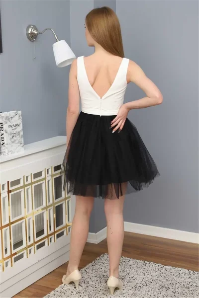 Sim Griterli Kısa Abiye Elbise 1763 Siyah/Beyaz