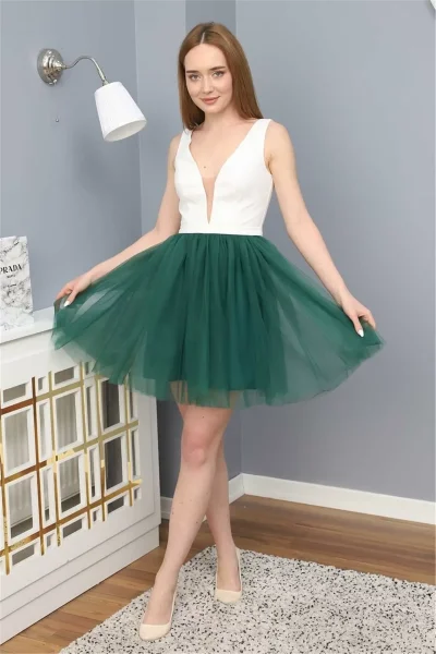 Sim Griterli Kısa Abiye Elbise 1763 Yeşil/Beyaz