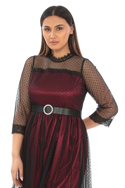 Straplez Yaka Büyük Beden Dantel Elbise 1787-Siyah/Bordo