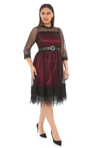 Straplez Yaka Büyük Beden Dantel Elbise 1787-Siyah/Bordo