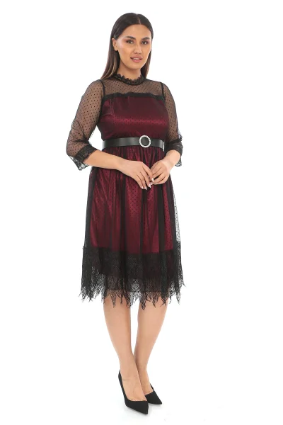 Straplez Yaka Büyük Beden Dantel Elbise 1787-Siyah/Bordo