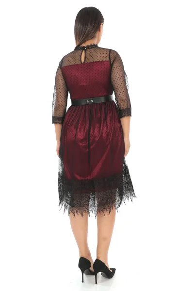 Straplez Yaka Büyük Beden Dantel Elbise 1787-Siyah/Bordo