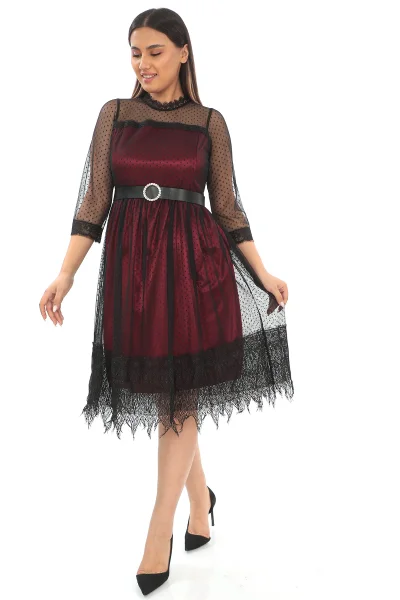 Straplez Yaka Büyük Beden Dantel Elbise 1787-Siyah/Bordo