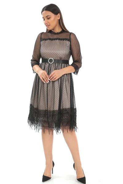 Straplez Yaka Büyük Beden Dantel Elbise 1787-Siyah/Gold