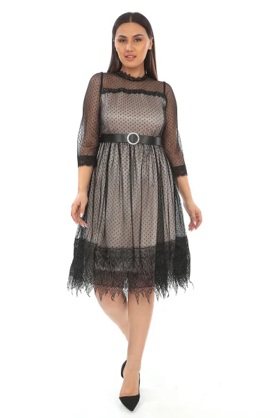 Straplez Yaka Büyük Beden Dantel Elbise 1787-Siyah/Gold