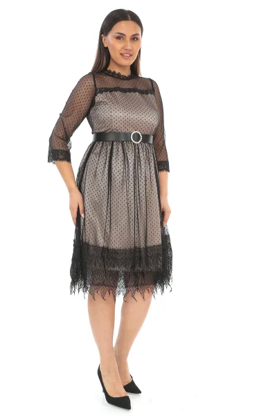Straplez Yaka Büyük Beden Dantel Elbise 1787-Siyah/Gold