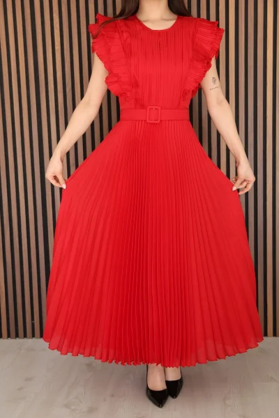 Straplez Yaka Omuz Fırfır Detaylı Kemerli Abiye Elbise 2361-Kırmızı