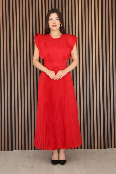 Straplez Yaka Omuz Fırfır Detaylı Kemerli Abiye Elbise 2361-Kırmızı