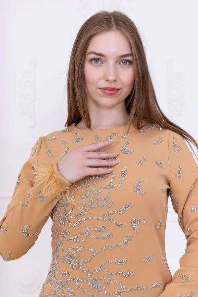Taş Desenli ve Tüylü Kol Detaylı Abiye Elbise 2747-Camel